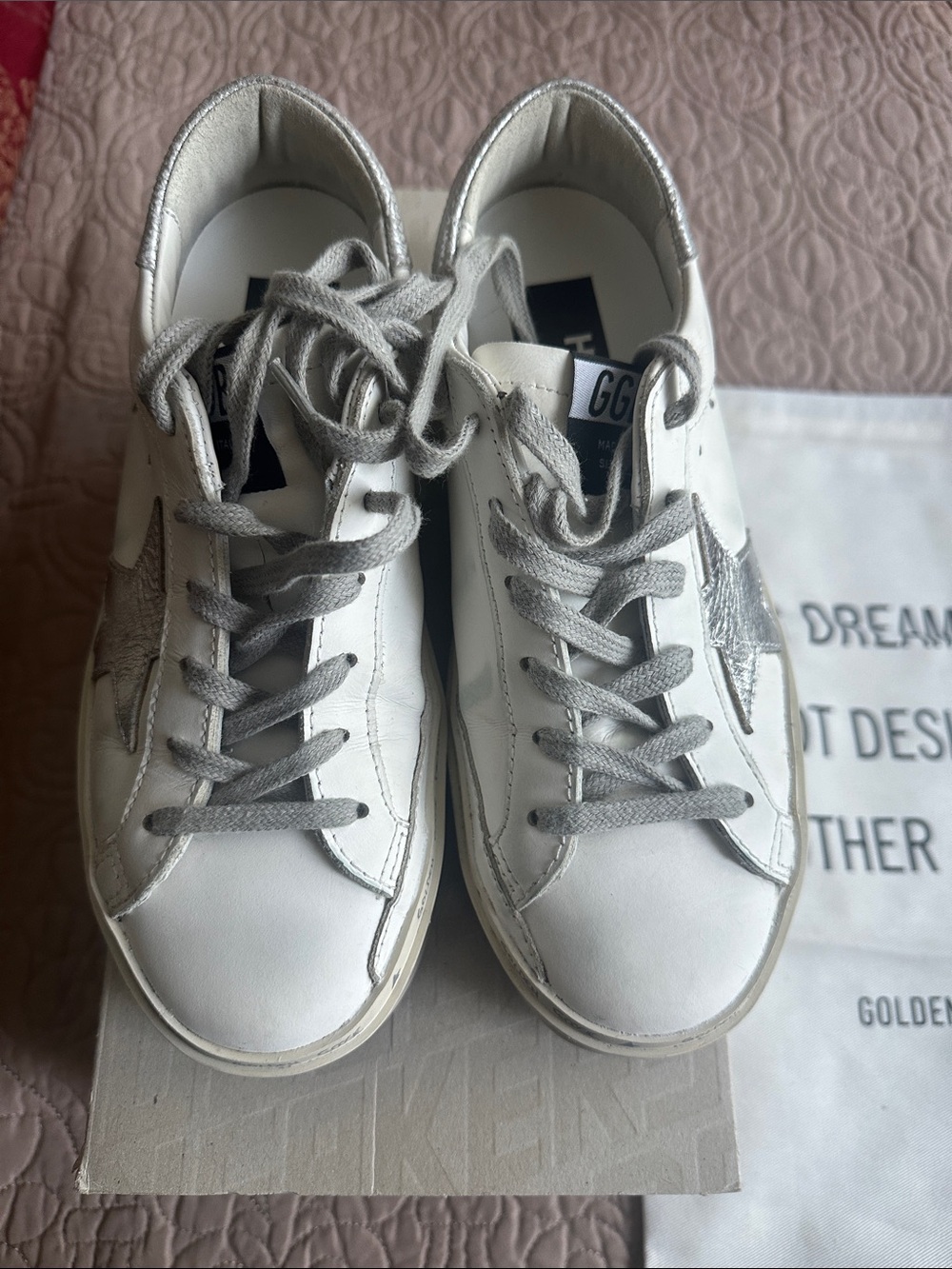 Golden Goose White Leather Sneakers with Silver Star and Gray Laces